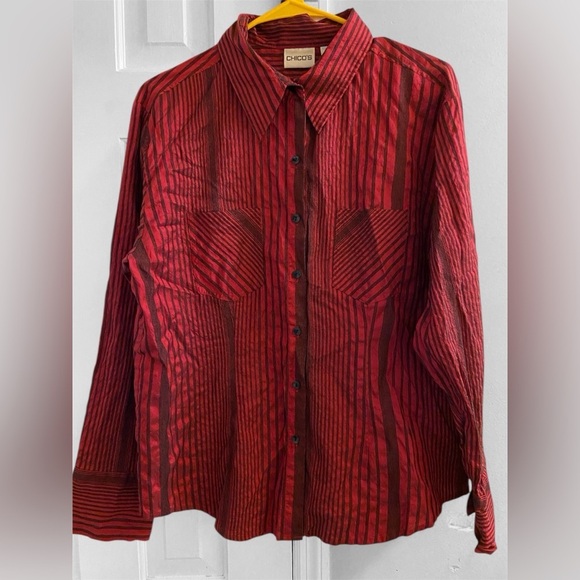 Chico's Other - Chico's Red Casual Button Down Shirt with Textured Pattern